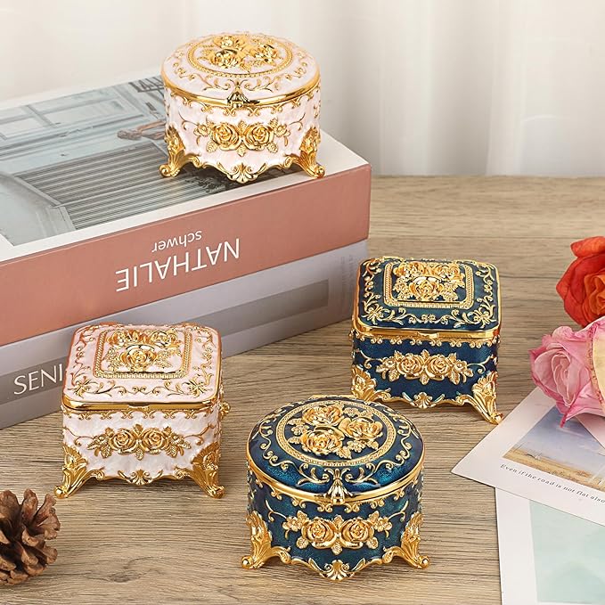 Hipiwe Vintage Round Jewelry Box Small Trinket Storage Organizer Box Gold Metal Chest Ring Case Treasure Box Keepsake Box Earrings Necklace Storage Box Gift for Women, Small