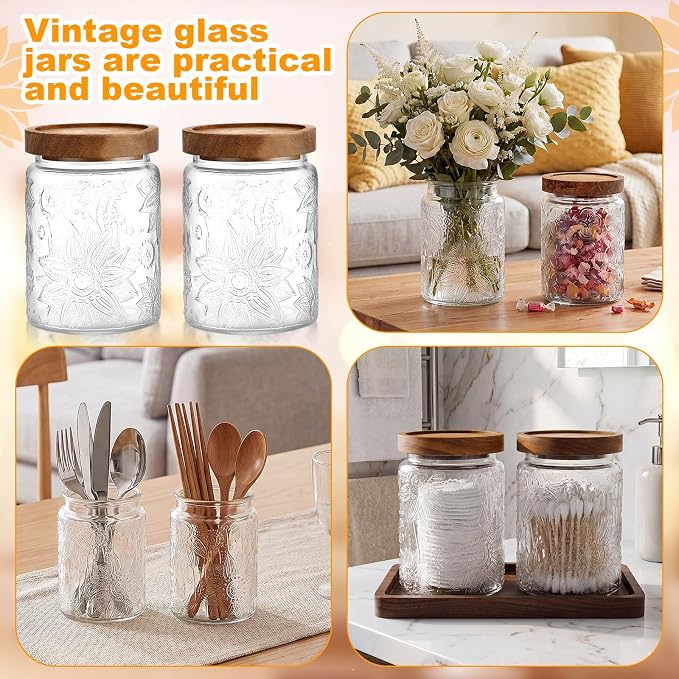 LemonRoad 4 Pcs Vintage Clear Glass Storage Jars 23.7 oz Mason Jar Canister with Wood Lids Food Storage Container for Cookie, Pantry, Candy Kitchen, Coffee, Tea, Flour, Sugar, Decorative Home Decor