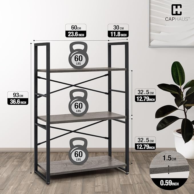 CAPHAUS 3 Tier Small Bookshelf, 24 Inch Width Free Standing Shelf, Bookcase Shelf Storage Organizer, Industrial Book Shelves for Home Office, Living Room, Dark Grey Shelves & Metal Frame