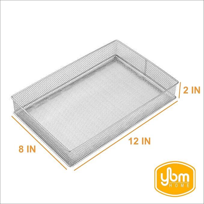 YBM Home Silver Mesh Drawer Organizer and Storage for Kitchen Drawers, Serves as School Supply Holder, Office Desktop Organizer Basket, Makeup and Craft Supplies Organization, (2 Pack, 8x12x2 Inch)