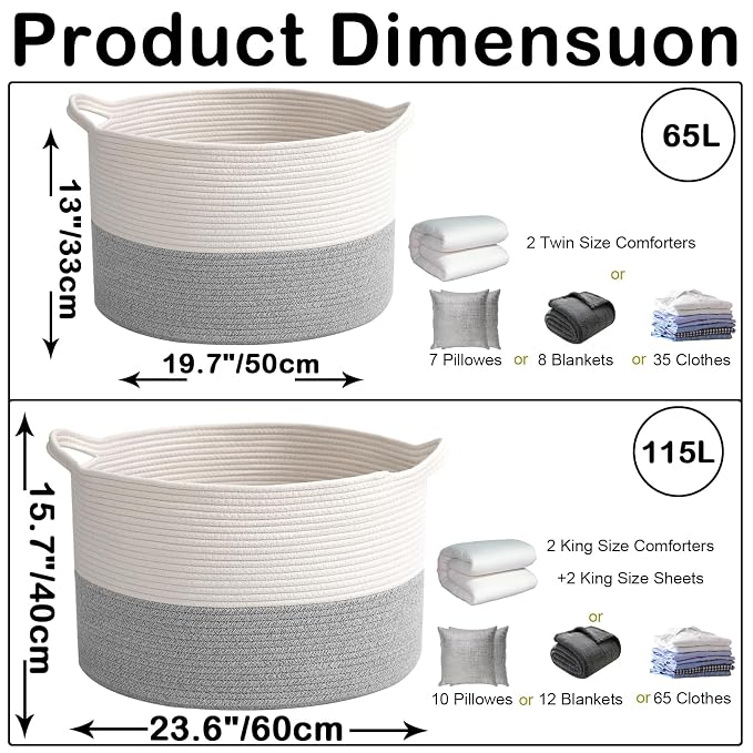 115L Extra Large Woven Cotton Rope Blanket Basket with Handles, Laundry Hamper Storage Bin for Pillows, Comforters,Clothes, Bedroom and Living Room Organization,White&Grey