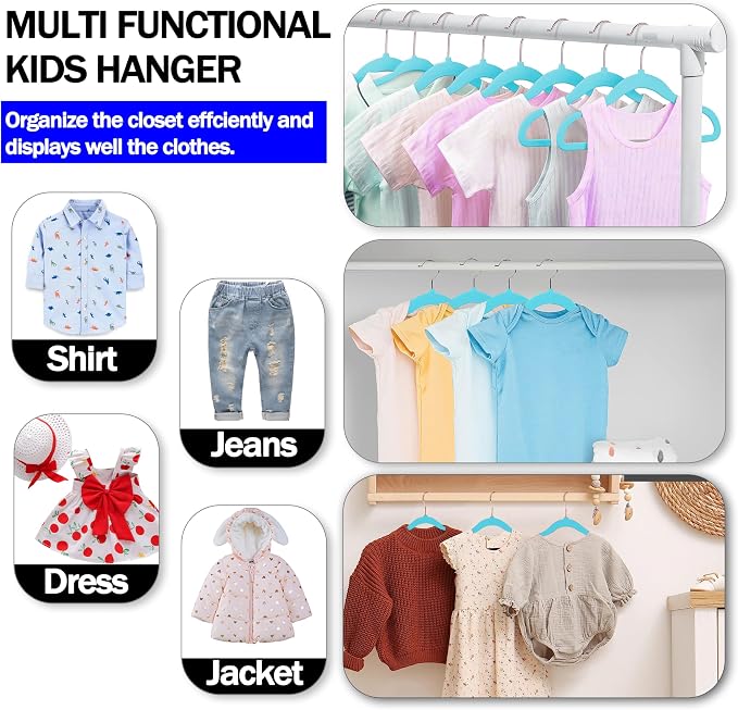 GVTECH Kids Hangers Velvet, [50 Pack] Children Cloth Durable Baby Hangers for Closet Perfect Infant Toddler Kid Hanger for Everyday Use, Non Slip 360° Hooks for Shirt, Pant (50 Pack, Light Blue)