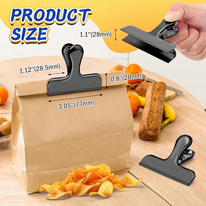 VNDUEEY 24 Pack Stainless Steel Chip Bag Clips, Chip Clips for Food Bags, Heavy Duty Clip for Kitchen and Office to Seal Coffee Bags, Paper Sheets, Air Tight Seal-3 Inches, Black