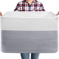 105L XXXL Large Blanket Basket, Rectangular Cotton Rope Basket, Laundry Hamper for Blankets, Pillows, Extra Large Toys Storage Bins for Kids, Dogs 25" x 16" x 16", White & Gray