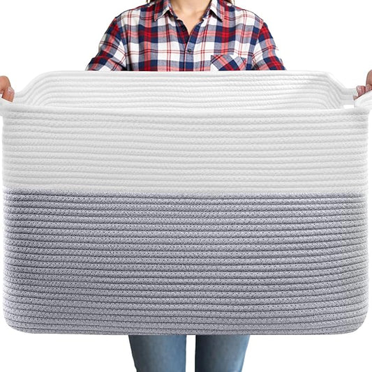 105L XXXL Large Blanket Basket, Rectangular Cotton Rope Basket, Laundry Hamper for Blankets, Pillows, Extra Large Toys Storage Bins for Kids, Dogs 25" x 16" x 16", White & Gray