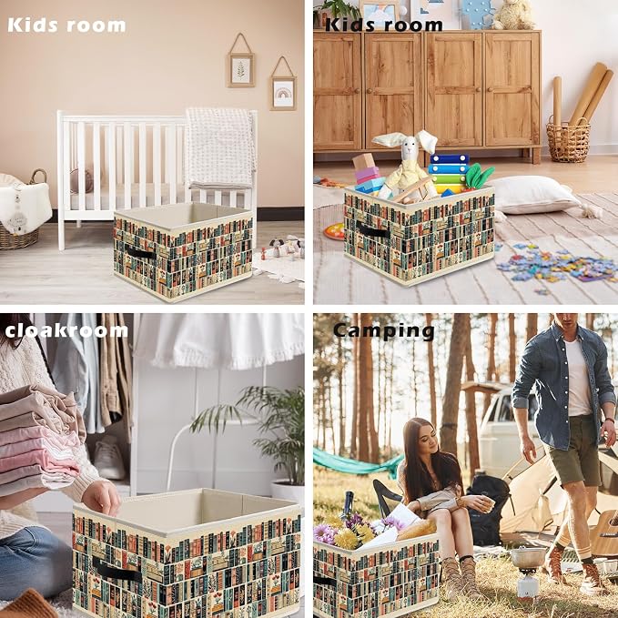 Vintage Book Lovers Storage Bin Box with Handles, Retro Bookish Foldable Organizer Basket Toybox for Reading Corner Room Library Bedroom Bathroom Home Clothes Toys Books