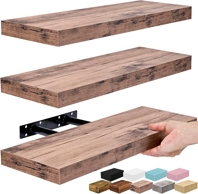 Sorbus Floating Shelves for Wall – 16 Inch Floating Shelf for Kitchen, Bedroom, Living Room, Bathroom, Home & Wall Decor - Mounted Bathroom Shelves with Invisible Brackets (Mahogany, 3 Pack)