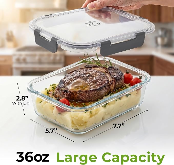 Zulay Kitchen 5 Piece Large 36oz Glass Tupperware Container Set with Lids - Premium BPA Free Borosilicate Glass Food Storage Containers - Leak-Proof Meal Prep - Microwave, Freezer & Oven Safe - Gray