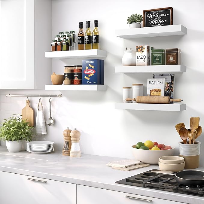 Sorbus Floating Shelves for Wall – 16 Inch Floating Shelf for Kitchen, Bedroom, Living Room, Bathroom, Home & Wall Decor - Mounted Bathroom Shelves with Invisible Brackets (White, 2 Pack)