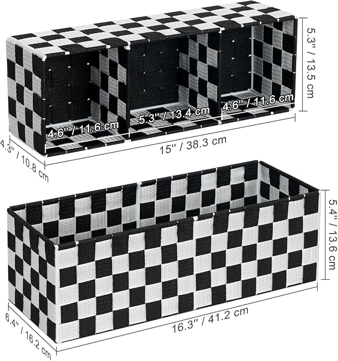 Woven Storage Baskets Bins Container, 16” Checker Pattern Ribbon Metal Wire Desk Organizer, Drawer Dresser Baskets, Countertop Toilet Paper Storage Containers (Black & White),2-Pack