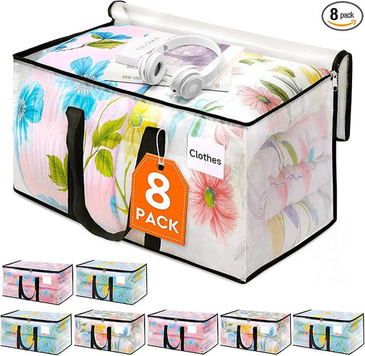 HomeHacks Clear Moving Bags Heavy Duty 8 Pack, Storage Bags with Zipper, Extra Thick Handles & Waterproof Packing Boxes for Moving, Camping, Home Organization 93L/24Gal (28.7"x14.2"x14")