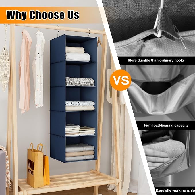 Hanging Closet Organizer 5-Shelf, Oxford Fabric Wardrobe Storage, Navy Blue | Easy-mount foldable design holds clothes, handbags, shoes & accessories; washable Oxford fabric, sturdy and space-saving.
