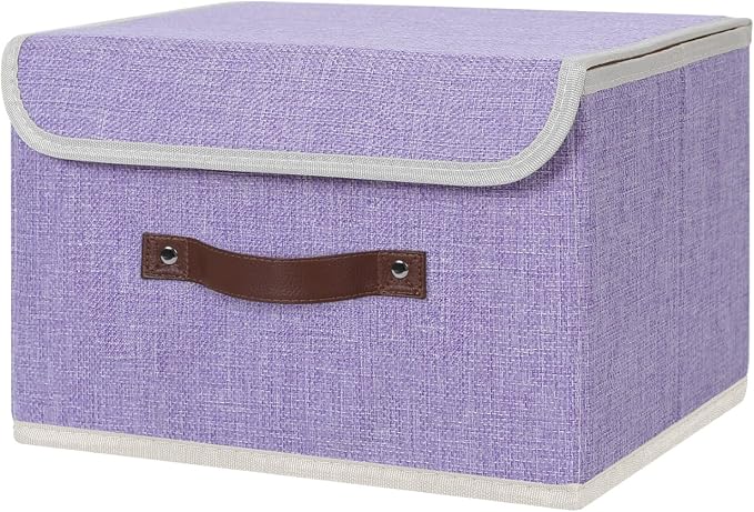 ANMINY Storage Bin with Lid Storage Boxes with PU Leather Handles PP Plastic Board Decorative Foldable Lidded Cotton Linen Fabric Home Cubes Baskets Closet Organizer Container - Purple, Medium