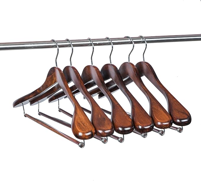 Luxury Wide Shoulder Wooden Hangers 6 Pack, with Locking Bar, Smooth Retro Finish Wood Suit Hanger Coat Hanger for Closet, Holds Up to 20lbs, 360° Swivel Hook, for Jacket, Dress Heavy Clothes Hangers