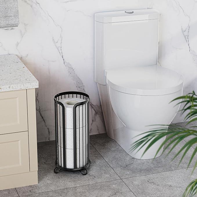 Toilet Paper Holder Stand, Freestanding Toilet Paper Storage,2 Pack,Black | Waterproof Raised Feet,Rustproof,Fit 3 Mega Rolls,No Drilling No Assemble,Minimalistic Storage,Space-saving Renter Friendly