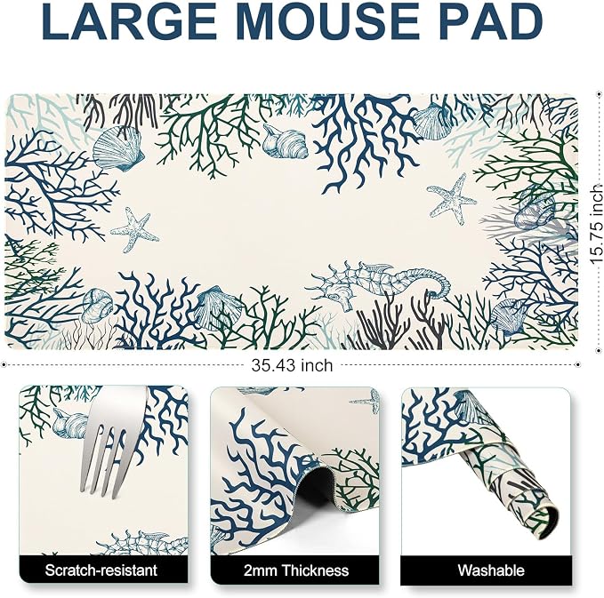 L-SPOUTTO Cute Desk Mat for Keyboard and Mouse, XXL Coral Large Mouse Pad | Non-Slip Keyboard Pad Waterproof Desktop Mat for Laptop Computer Work Game Home Office-Ocean Coral