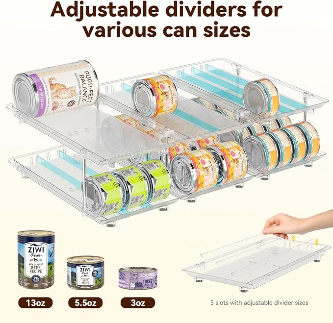 Cat Food Can Organizer, 3-Tier Adjustable | Modular, For Pantry & Fridge, Fits 3oz & 5oz Cans, Clear, Soup Cans Storage