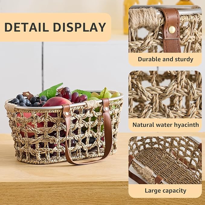 Farmhouse Seagrass Egg Baskets for Collecting Fresh Eggs Handmade Egg Collecting Basket Wicker Oval Storage Basket for Picnic, Harvest, Vegetable