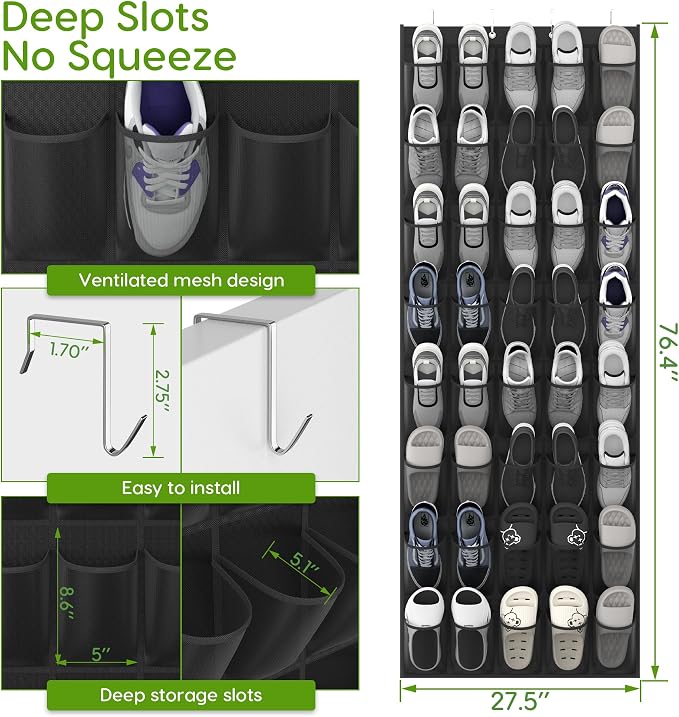 Over the Door Shoe Organizer with 40 Large Breathable Mesh Pockets, Space Saving Shoe Holder, Hanging Shoe Rack for Entryway Bedroom Closet Storage (Black, 40 Pockets)