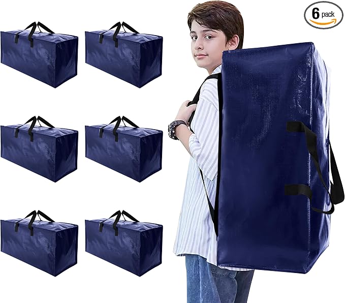 NATURELUX Heavy Duty Moving Bags with Backpack Straps and Strong Handles, Alternative to Moving Boxes and Storage Totes for Dorm Room Essentials, 6 Pack, Blue
