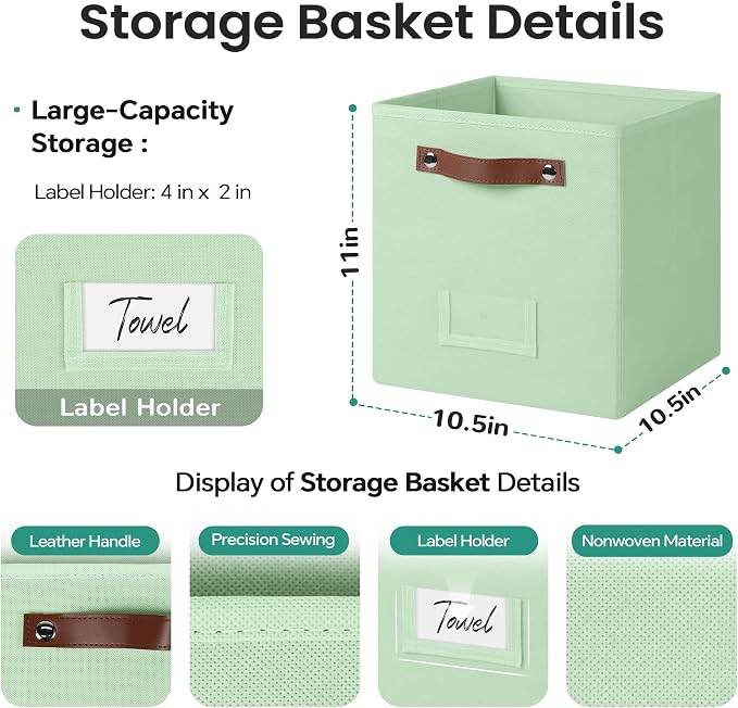 FinishingBo 6-Pack Storage Cubes with Handles & Label Holders Basket, Closet Cube Home Organizer Bins(Green, 10.5*10.5*11 inch)