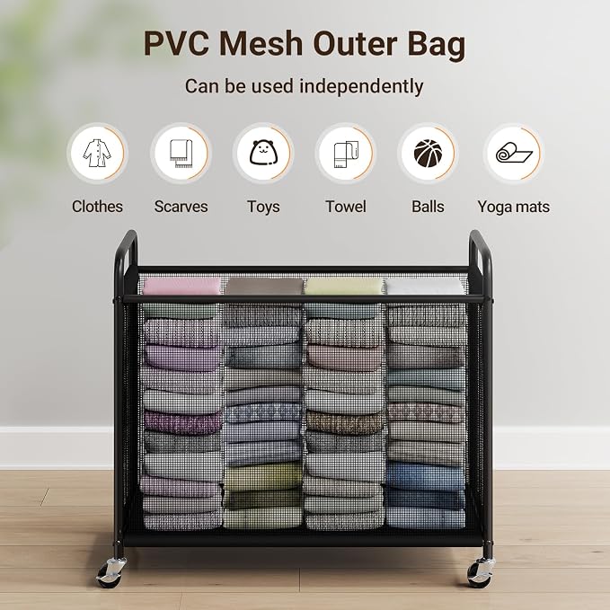 ELYKEN Laundry Hamper 4 Section, 140L Rolling Laundry Sorter with Removable Liner Bag, Laundry Basket with Wheels, Steel Frame with Metal Handle, Clothes Hamper Cart for Laundry Room & Bedroom