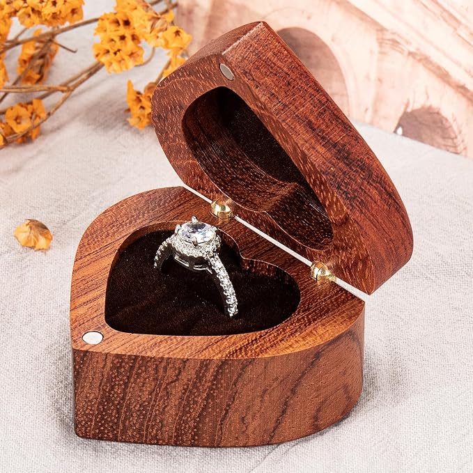 Engagement Proposal Ring Box Secret Slim Rose Wooden Heart Case | Rose Wood Ring Bearer Box Jewelry Storage Holder Display for Wedding Ceremony Commemoration