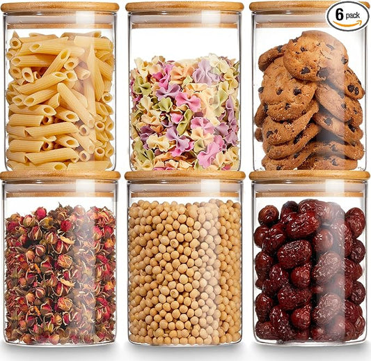 Gencywe Glass Storage Jars with Airtight Bamboo Lid, 27 OZ Food Storage Jar with Labels, Airtight Glass Canisters, Clear Kitchen Container for Candy, Cookie, Rice, Coffee Beans, Snacks, Spices
