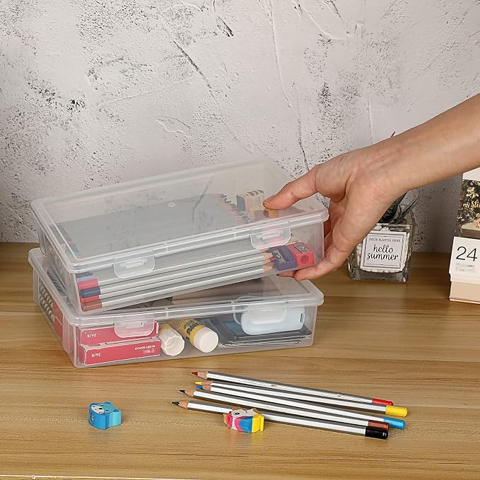 BTSKY Clear Plastic Storage Box with Flap Lid, Multipurpose Craft Organizers and Storage Box Art Supply Storage Organizer Plastic Sewing Box for Beads Pencils Notebooks, 2 Pack Small