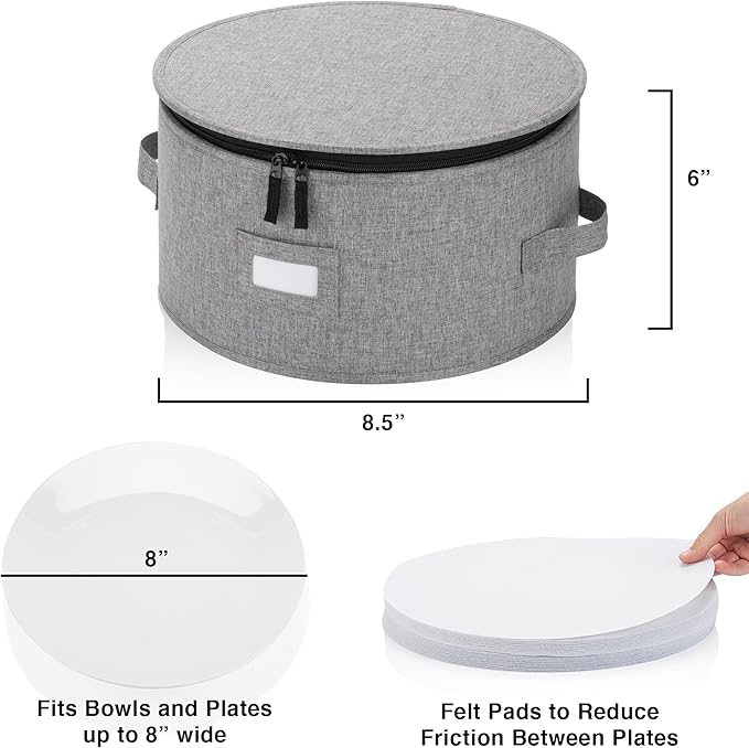 China Storage Case for Bowls or Dessert Plates - Fit plates up to 8" W - Includes 12 Felt Dividers - Hard Shell and Stackable with Fully Padded Interior