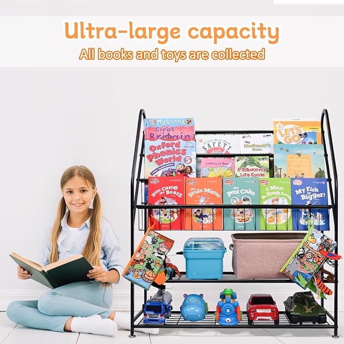 Metal Kids Bookshelf 5-Tier, Space Saving Book Storage with Toy Organizer, Durable Children Bookcase for Playroom Nursery Bedroom, Rust-Resistant Steel Frame, Montessori Classroom Shelf (Dark Black)