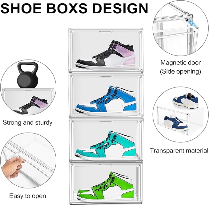 12 Pack Clear Shoe Boxes Plastic Stackable ‌Shoe Cabinet‌ with Acrylic Magnetic Lids Drop Side Sneaker Display Case for Closet, Entryway, Fits Men's or Women's Shoes up to Size 12.5