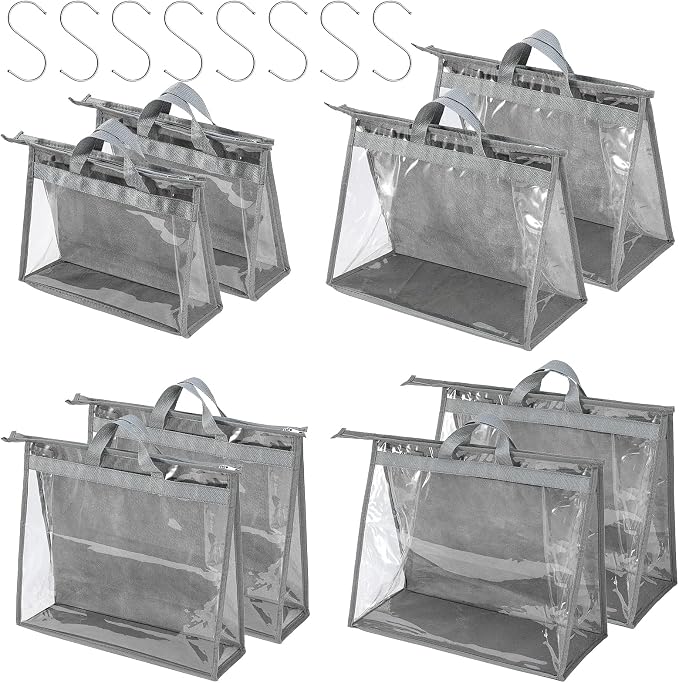 Handbag Dust Bags Clear Purse Storage Organizer for Closet Small to Extra Large Handbags Dust Free Bags Hanging Zipper Storage Bag with Hooks, ( Grey, 4 Sizes-8PCS)