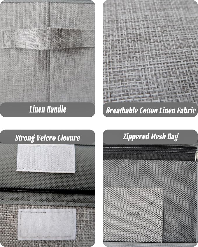 2 Pack Small Storage Box, Storage Basket with Lid, Foldable Cotton Linen Fabric Keepsake Box, Organizer Container with Zipper for Decorative, Medicine, Greeting Card Organizer.(Gray)