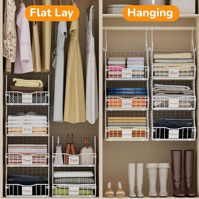 Hanging Closet Organizers and Storage, 3 Tier Closet Shelf Clothes Organizer with 2 S-Hooks, Multi-Functional Iron Wire Baskets, for Clothing, Sweaters, Handbags, Hat, Canned