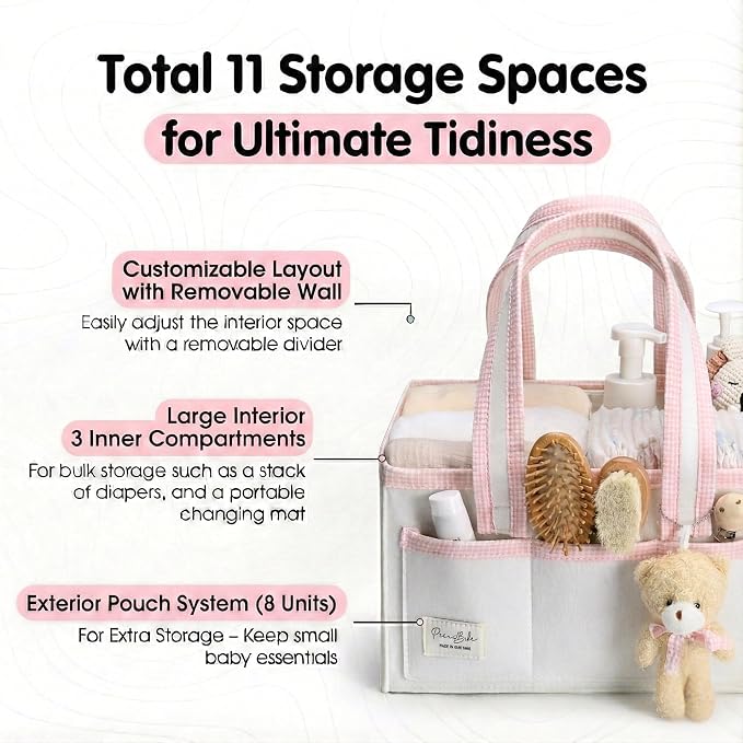 PeraBella Baby Diaper Caddy Organizer, Baby Basket Shower Gift Caddy, Portable Felt Changing Table Basket, Nursery Storage Bin, Newborn Boy and Girl Essentials for Registry, Car Diaper Organizer