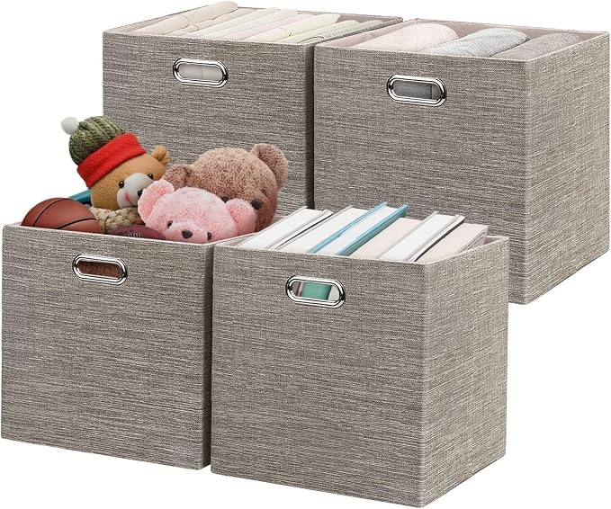 Posprica Storage Bins,11×11 Foldable Storage Cubes Boxes Container Closet Organizer Shelf Cabinet Bookcase,Thick Fabric Drawer Container - 4pcs,Coffee