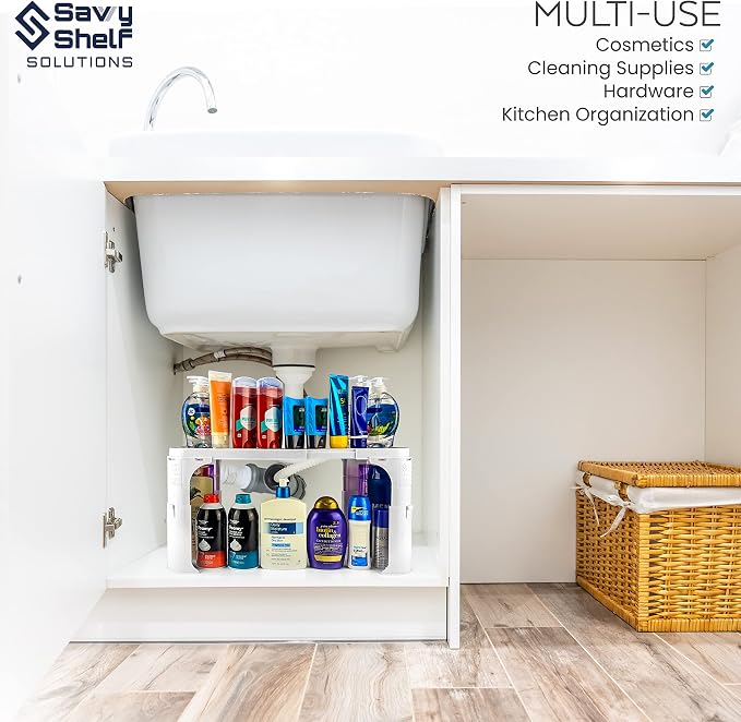 Expandable Under Sink Organizer and Storage I Bathroom Under the Sink Organizer Kitchen Under Sink Shelf I Cleaning Supplies Organizer Under Sink Storage I EXPANDABLE HEIGHT DEPTH & WIDTH