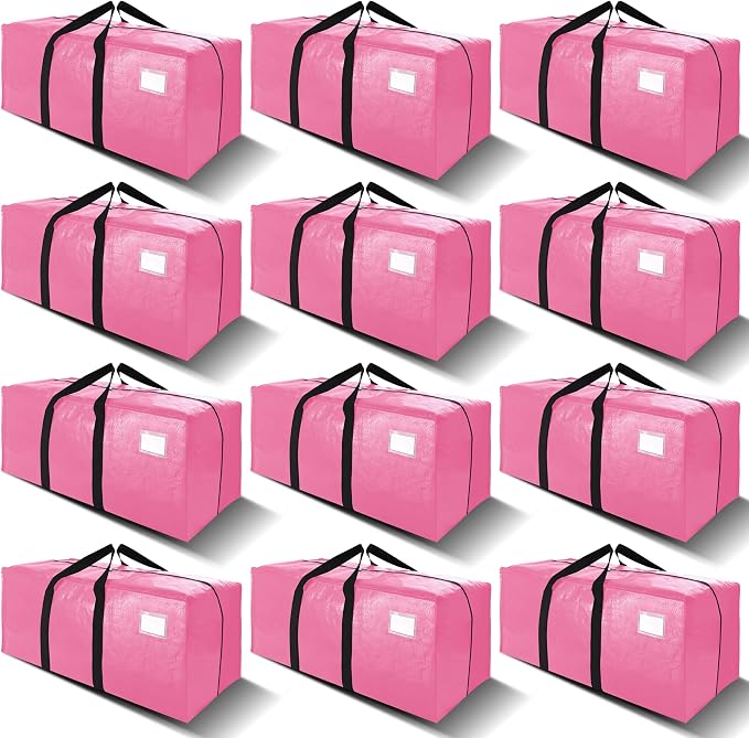 VELVETSURE 12 Pack Heavy Duty Large Moving Bags W/Backpack Straps - Strong Handles & Zippers, Storage Totes For Space Saving, Fold Flat, Alternative to Moving Box and Storage Bin, Pink