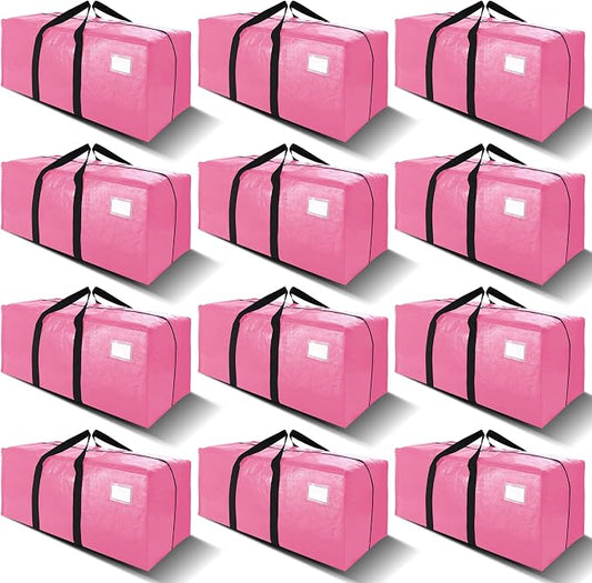 VELVETSURE 12 Pack Heavy Duty Large Moving Bags W/Backpack Straps - Strong Handles & Zippers, Storage Totes For Space Saving, Fold Flat, Alternative to Moving Box and Storage Bin, Pink