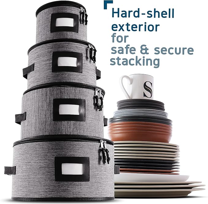 Fine China Hard Shell Dish Organizer - 5 Piece Stackable Mug and Plate Storage Containers with Dividers for Moving and Seasonal Storage, Grey