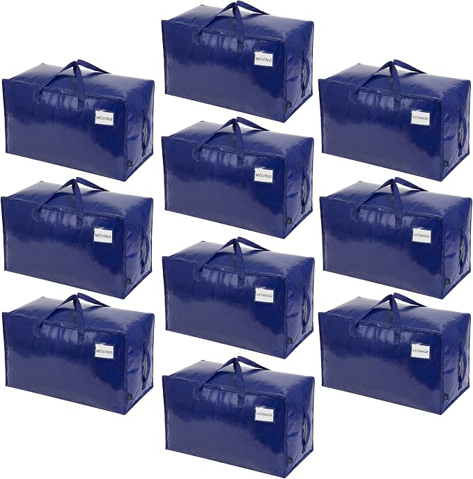 VENO 10 Pack Extra Large Heavy Duty Moving Bags with Wide Opening & Reinforced Handles, Reusable Storage Tote Bags with Strong Zippers for Clothes, College Dorm Essentials & Moving Supplies