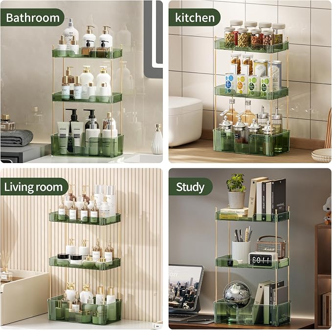 Akinbas 3 Tier Bathroom Organizer Countertop Makeup Perfume Tray Skincare Organizer for Bathroom Dresser Vanity (Green)