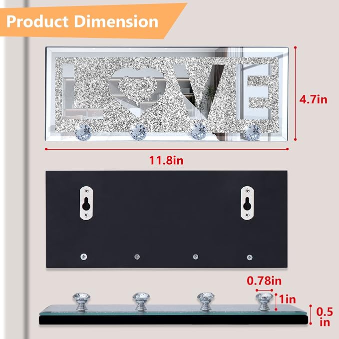 SHYFOY Mirrored Key Holder for Wall Decorative Love Letter Sign Plaque Key Hanger for Decor, Glitter Key Rack Wall Hanger with 4 Crystal Hooks for Entryway Front Door Key Hanging