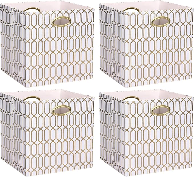 13x13x13 Storage Cube Bins, Collapsible Storage Bins Fabric Storage Cubes Organizer Baskets Box Drawers for Shelves, Closet, Wardrobe, Bookshelf, Cabinet, 4 Pack, White/Shiny Gold, AG4000202