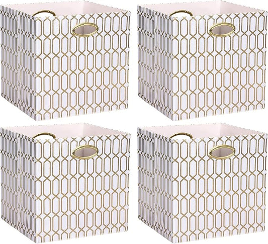 13x13x13 Storage Cube Bins, Collapsible Storage Bins Fabric Storage Cubes Organizer Baskets Box Drawers for Shelves, Closet, Wardrobe, Bookshelf, Cabinet, 4 Pack, White/Shiny Gold, AG4000202