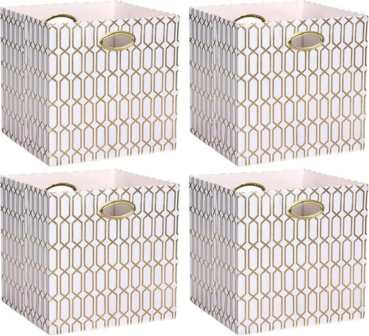 11x11 Cube Storage Bins, Collapsible Storage Bins Fabric Storage Cubes Organizer Baskets Box Drawers for Shelves, Closet, Wardrobe, Bookshelf, Cabinet, 4 Pack, White/Shiny Gold