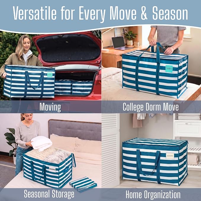 VENO 6 Pack Heavy Duty Moving Bags, Extra Large Storage Bags with Reinforced Handles & Strong Zippers, Foldable & Reusable Moving Box Alternative for Clothes & Dorm Storage