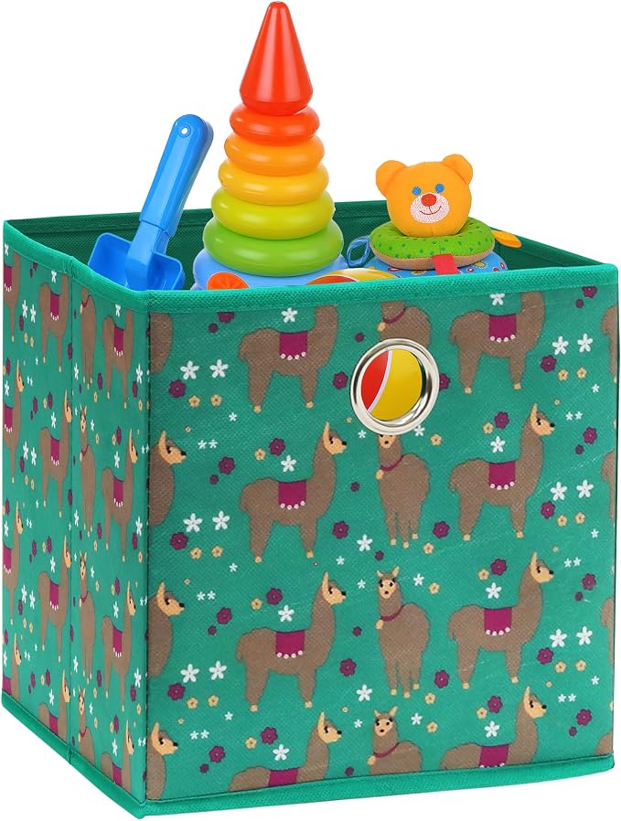 Simple Houseware 10-Inch Collapsible Fabric Cube Storage Bin with Handles, Printed Design, 6 Pack, Green