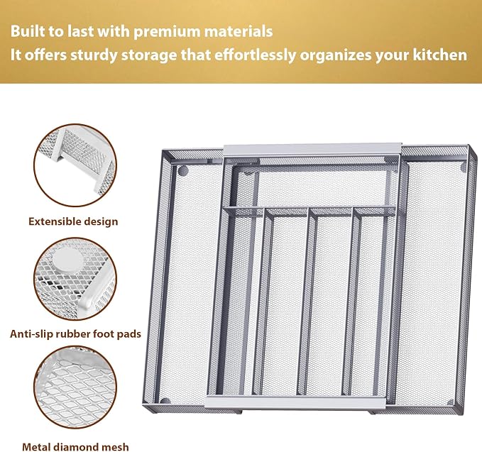 Sedegn Silverware Organizer Metal Mesh, Drawer Organizer, Utensil Cutlery Tray Expandable Flatware Organizer with 7 Compartment Silver 9.6"~16.1" x 13.8"